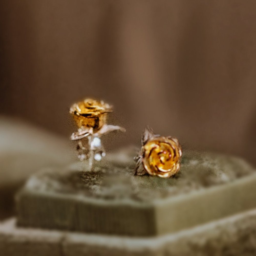 SOLD Gold Rose Flower Earrings studs Gold Vermeil Floral Earrings Studs for her - Picture 1 of 15